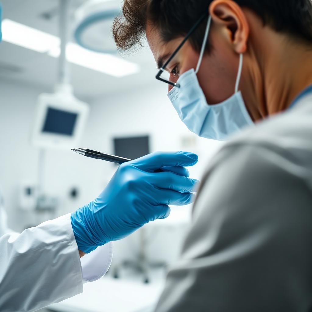 Doctor in nitrile gloves examining a patient